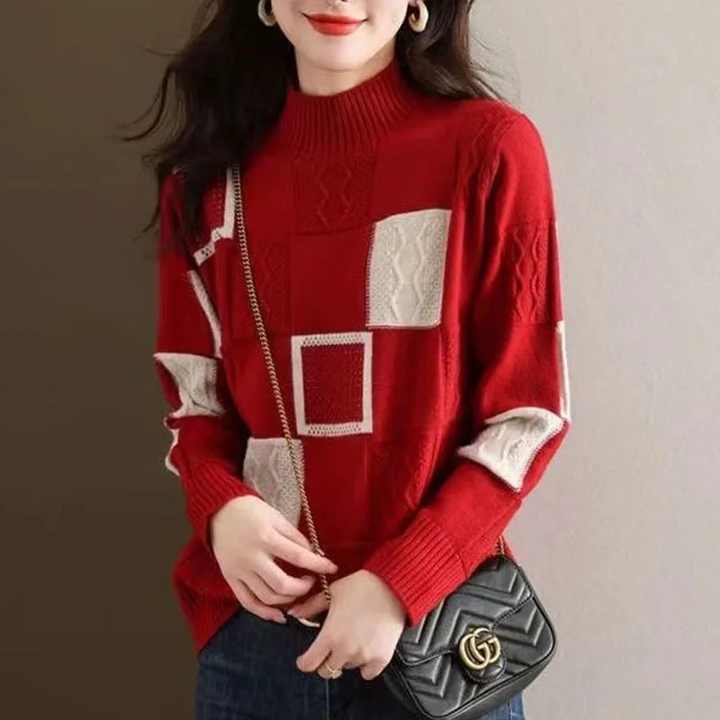 Top Trends: Autumn And Winter Fashion Color Matching Half High Neck Thickened Loose Versatile Foreigner Women&#039;s Long Sleeve Knitted Sweater Shoppable Styles