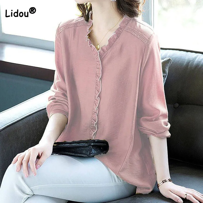 Top Trends: Simplicity Casual Women&#039;s Long Sleeve Shirt Spring Loose Fashion Spliced V-Neck All-match Solid Color Blouse Female Clothing Shoppable Styles