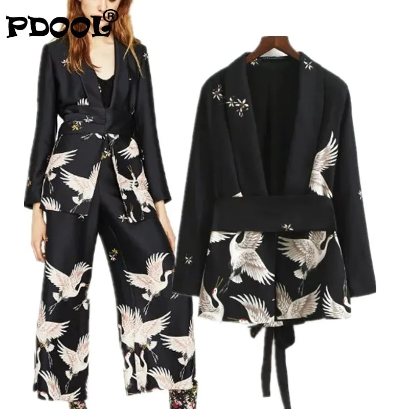 Top Trends: New Spring / Autumn Women Vintage Clothing Set Printed Blazer Wide Leg Retro Pant Female Bird Outfit Suits Women's Office Lady Shoppable Styles