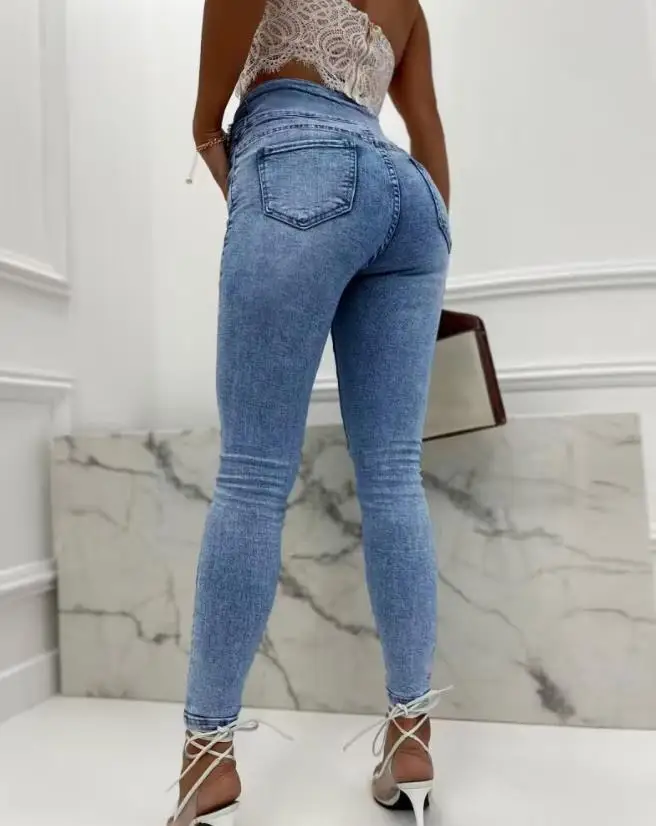 Top Trends: 2023 New Casual Women's Jeans Fashion Versatile Commuter High Waist Fit Pearls Decor Buttoned High Waist Skinny Jeans Y2K Shoppable Styles