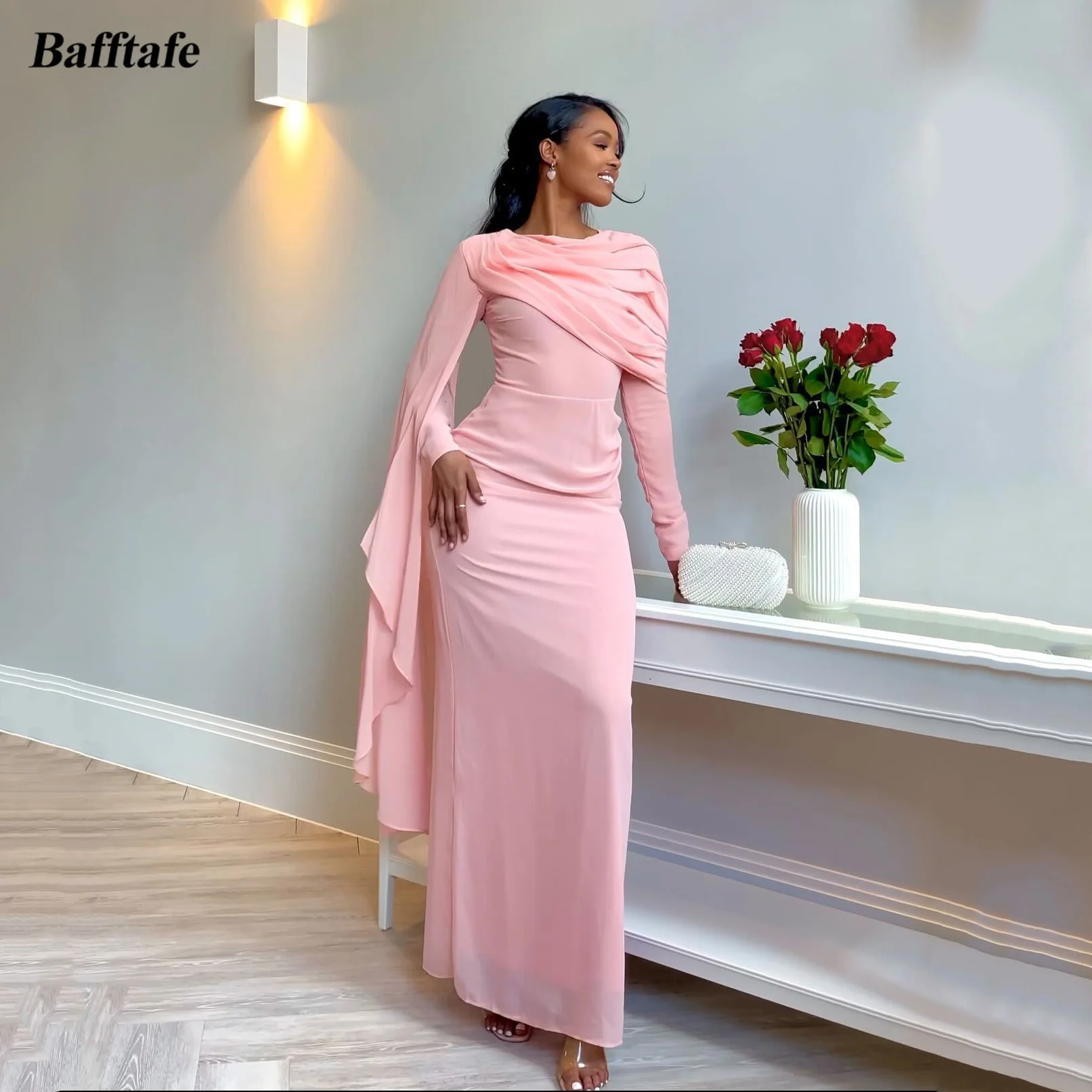 Top Trends: Bafftafe Pink Chiffon Arabic Dubai Women Party Dresses Long Sleeves Pleated Sheath Floor Length Formal Prom Dress Evening Gowns Shoppable Styles