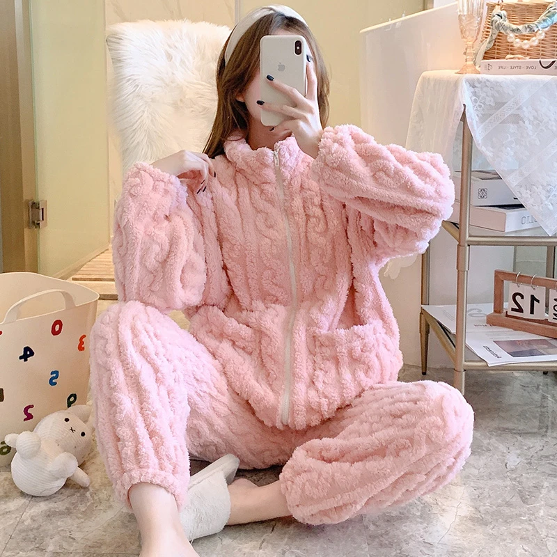 Top Trends: Autumn Winter Zipper Pajamas Set Women Loungewear Warm Sleepwear Home Suits Homewear Ladies Flannel Plush Lounge Sleep Wear Shoppable Styles