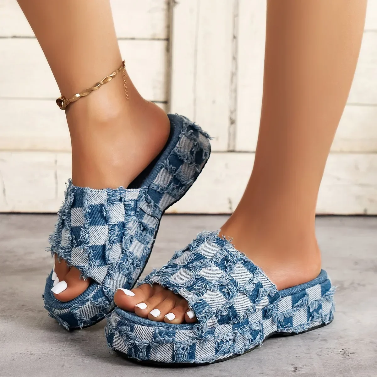 Top Trends: New Women Denim Slides Summer Sandals Women Slip On Wedges Platform Casual Open Toe Fashion Jeans Canvas Slippers Leisure Shoes Shoppable Styles - Image 2