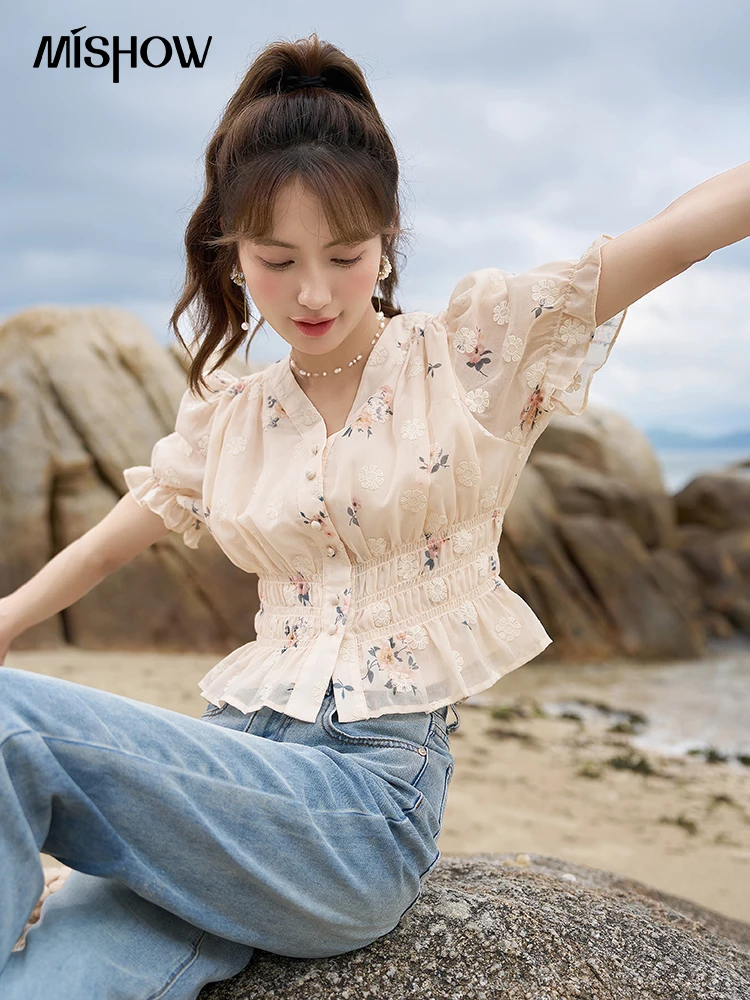 Top Trends: MISHOW Short Sleeved Embroidered Flower Blouses Summer 2023 Ruffles French Chic V-neck Puff Sleeve Waist Elegant Top MXC38X0048 Shoppable Styles