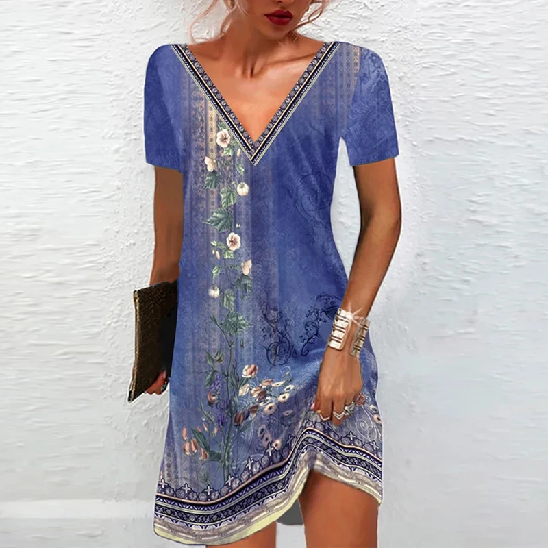 Top Trends: Women Summer Dress Boho V Neck Short Sleeve Vintage Print Flower Mini Dress Women Elegant Loose Beach Holiday Dresses Shoppable Styles - Image 6