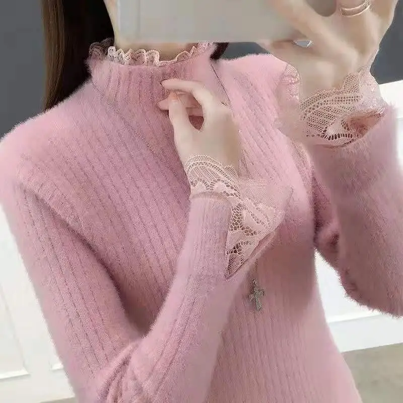 Top Trends: Elegant Half High Collar Knitted Spliced All-match Lace Sweaters Women's Clothing 2022 Autumn New Casual Pullovers Korean Tops Shoppable Styles