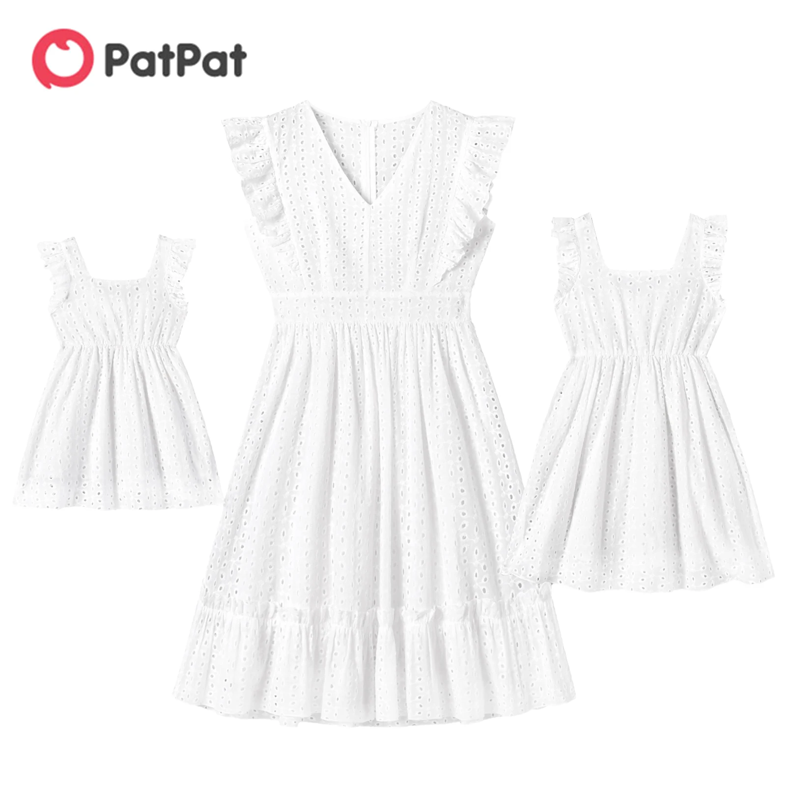 Top Trends: PatPat 100% Cotton Family Matching Outfits White Hollow-Out Floral Embroidered Ruffle Sleeveless Dress For Mom And Me Dresses Shoppable Styles