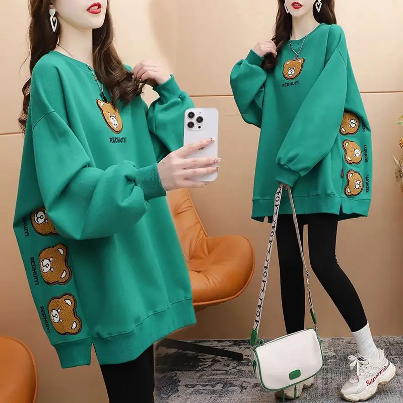 Top Trends: Fashion O-Neck Loose Embroidery Cartoon Sweatshirts Female Clothing 2023 Autumn Winter Oversized Korean Tops Casual Sweatshirts Shoppable Styles