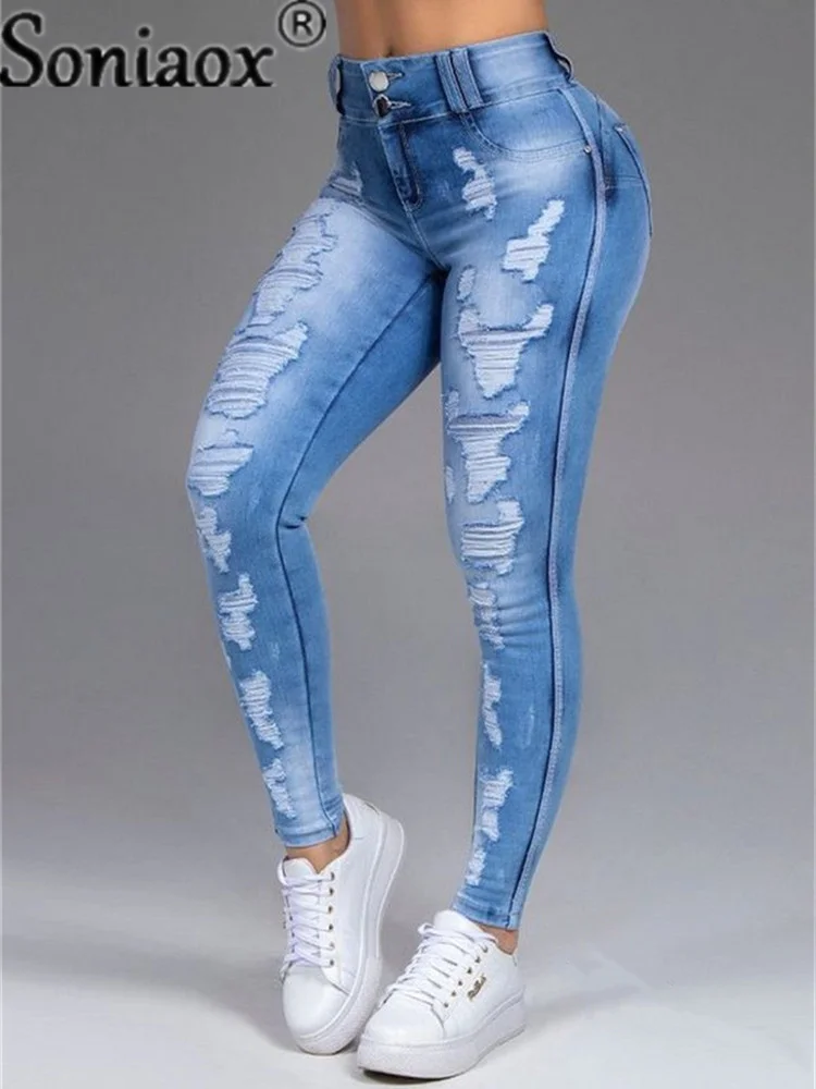 Top Trends: Women Pants High Stretch Jeans High Waist Skinny Ripped Vintage Hole Slim Large Full Length Distressed Trousers 2021 Shoppable Styles