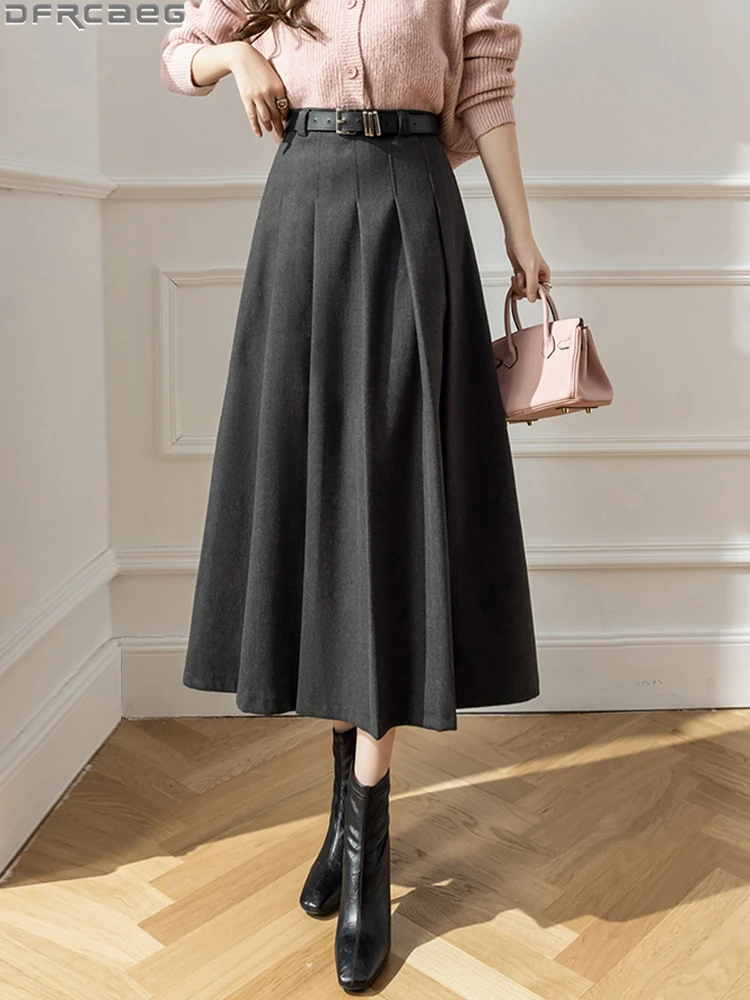 Top Trends: Vintage High Waist Pleated Wool Skirt Woman Elegant Korean Winter Long Maxi Skirts For Women Belt Black Brown Gray Jupe Femme Shoppable Styles