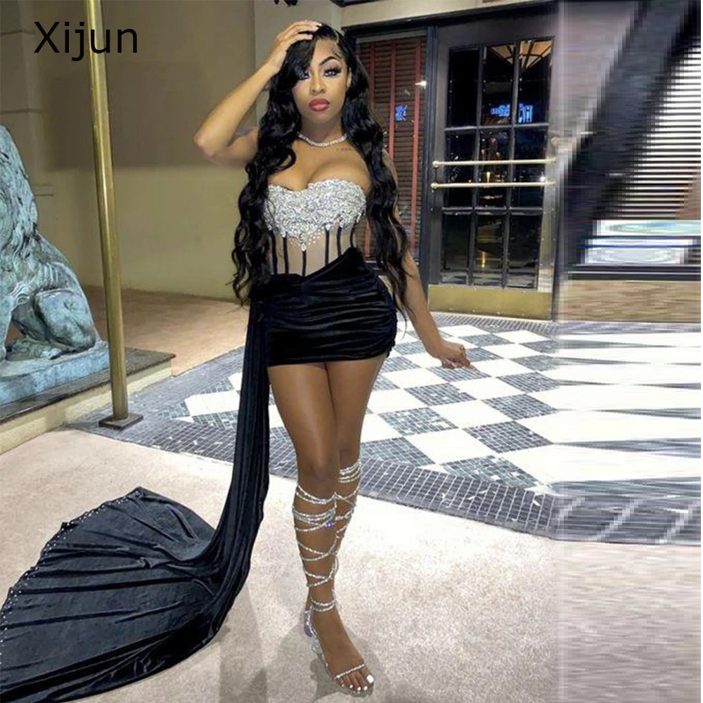 Top Trends: Romantic Black Satin Silk Mini Evening Dress Sweetheart Beads Sexy Prom Dress Party Gown 2022 For Black Girl Vestido De Festa Shoppable Styles