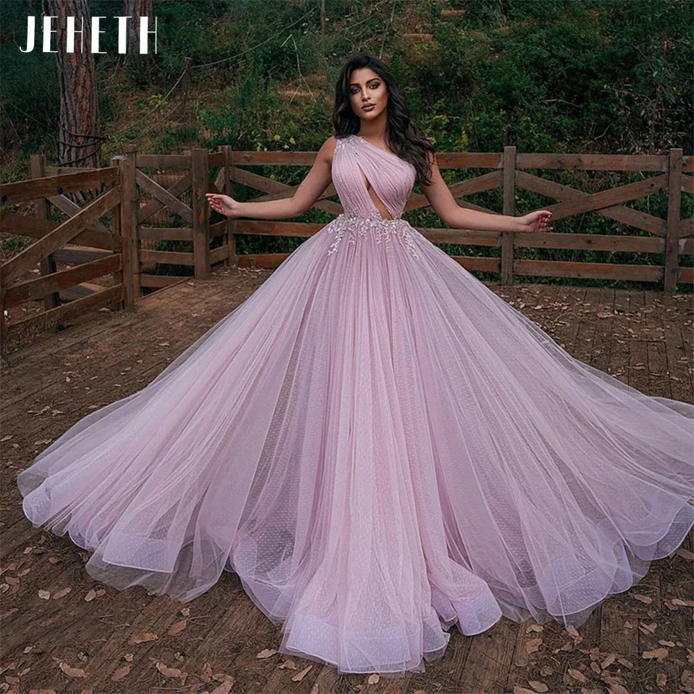 Top Trends: JEHETH Pink Exquisite One Shoulder Dot Tulle Prom Dress Sexy Sequins Appliques Dubai Arabic Formal Evening Gowns Robes De Shoppable Styles