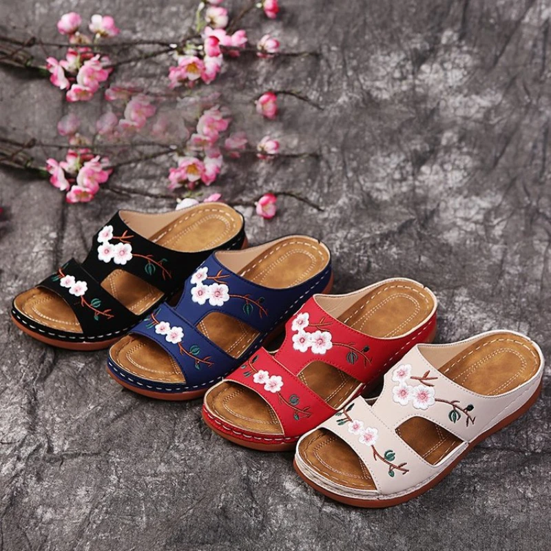 Top Trends: Women Slippers Embroider Flowers Leather Woman Sandals 2023 Outdoor Light Casual Wedges Slippers Slip On Summer Shoes For Women Shoppable Styles - Image 2