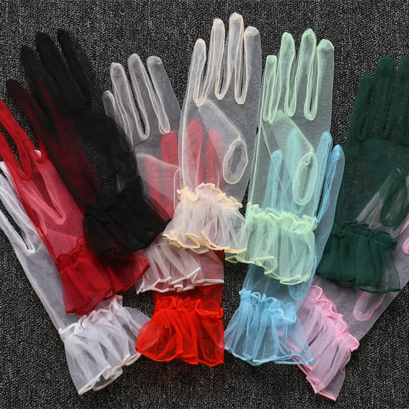 Top Trends: Summer Women Short Tulle Gloves Wedding White Black Elegant Gloves Stretchy Lace Full Finger Mittens Mesh Transparentes Gloves Shoppable Styles - Image 2