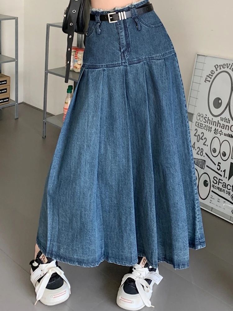 Top Trends: Maxi Long Skirts Women Vintage Spring Summer High Waist Jean Skirt Ladies A-Line Ruffle Pleated Denim Skirt Plus Size With Belt Shoppable Styles