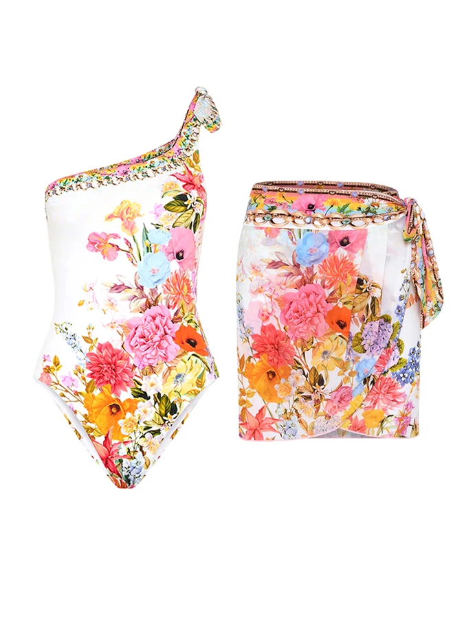 Top Trends: Fashion Vintage Floral Cluster Print Oblique Shoulder One Shoulder Wrong Into Design One-piece Women's Bikini Swimsuit Cover Up Shoppable Styles