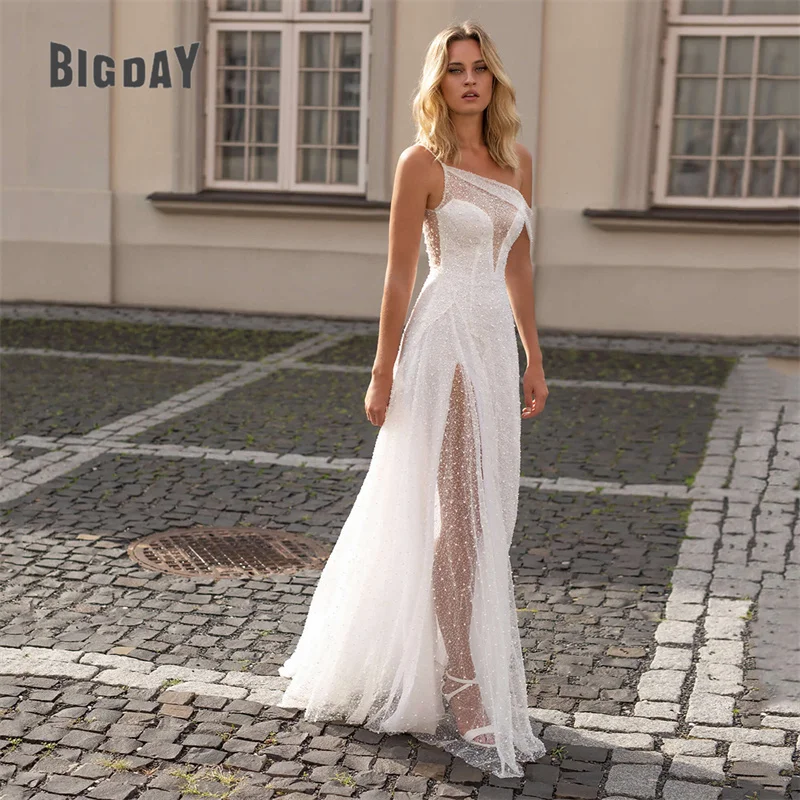 Top Trends: Elegant A-Line Wedding Dress Women 2024 White Open Back Sequin One Shoulder Spakly Side Split Bridal Gown Vestidos De Noiva Bead Shoppable Styles