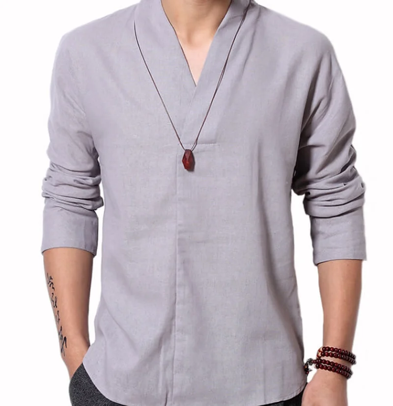 Top Trends: Linen Shirts Men Fashion Long Sleeve Shirts Chinese Style Harajuku V-neck Shirts Male Shoppable Styles