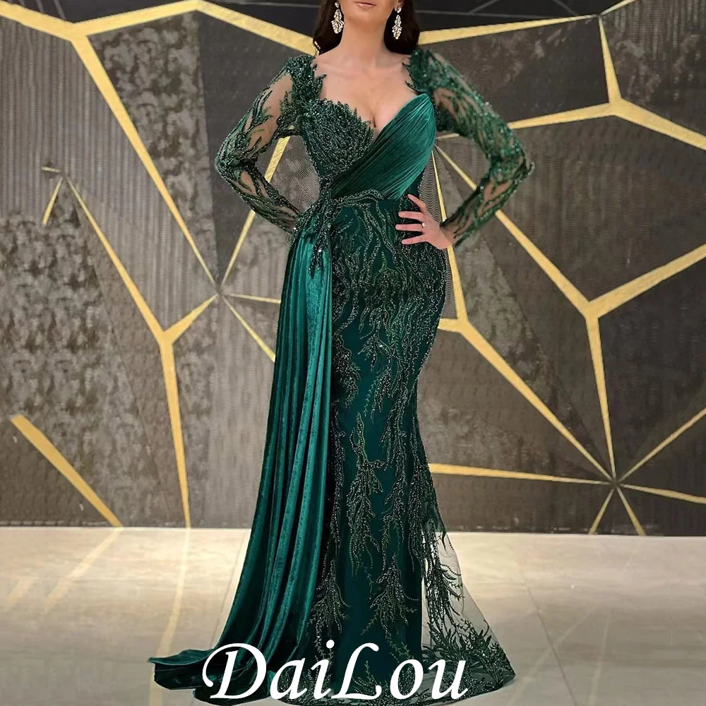 Top Trends: Emerald Green Trumpet Floor-Length Long Sleeves Draped Evening Dress Beaded Formal Prom Dress Square Collar Pleat Tulle Shoppable Styles