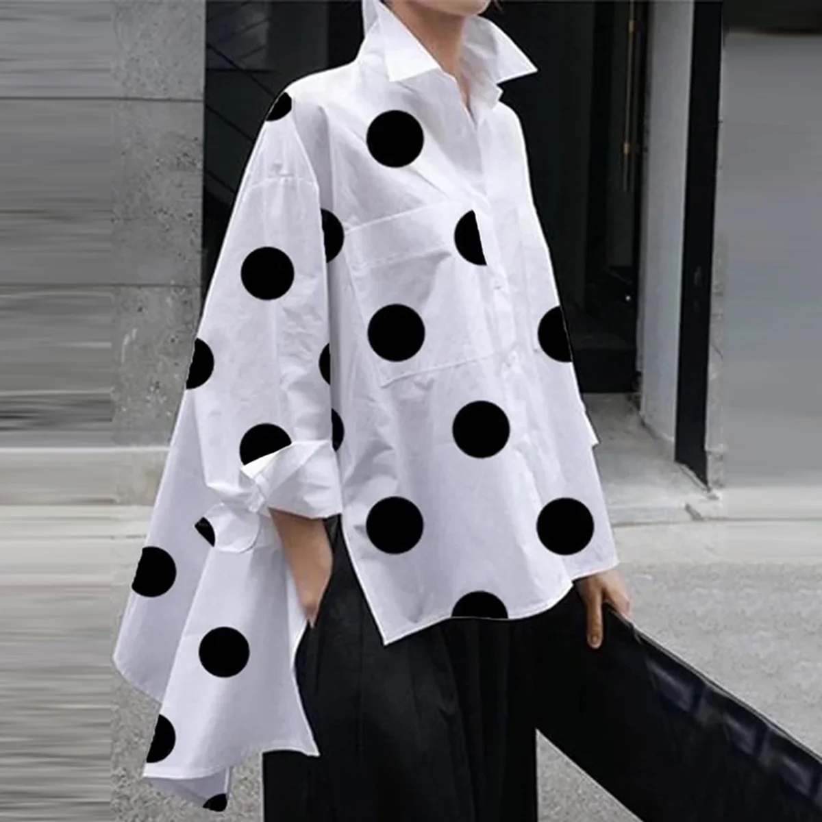 Top Trends: Yeezzi Polka-Dot Blouse Split-Side Lapel Long Sleeves Fashion Buttoned High-Low Casual Simple Office Lady Shirts For Women 2023 Shoppable Styles