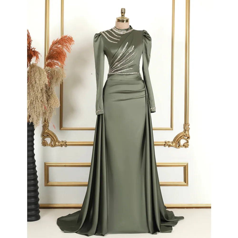 Top Trends: Green Evening Dresses 2023 High Neck Full Sleeves Prom Gowns Satin With Sequined Sweep Train Mermaid فساتين مناسبة حسب الطلب Shoppable Styles