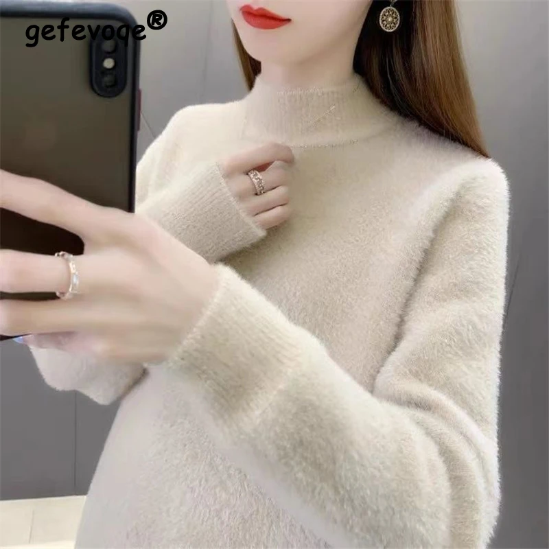 Top Trends: Fluffy Soft Thick Warm Half High Collar Knitted Sweater For Women Autumn Winter Korean Style Solid Long Sleeve Pullovers Jumpers Shoppable Styles - Image 2