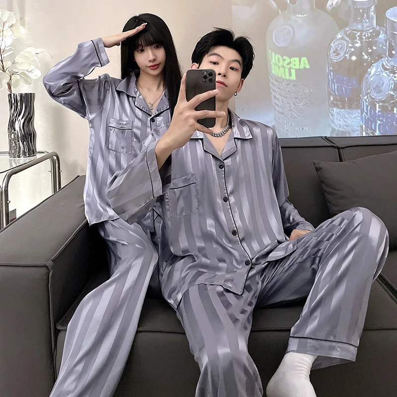 Top Trends: Couple Pajamas Sets Striped Print Pijama Faux Silk Satin Lapel Pyjama Female Sleepwear Long Sleeve Shirt Pants Suits Homewear Shoppable Styles