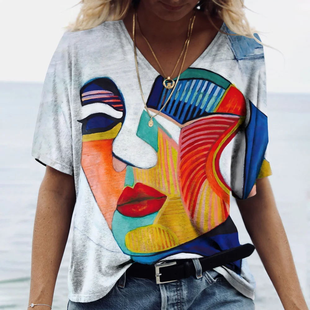 Top Trends: Vintage Women's T-shirt V-neck Fashion Top Abstract Face Print Street Style Oversized Shirt Everyday Casual Short Sleeve T-shirt Shoppable Styles