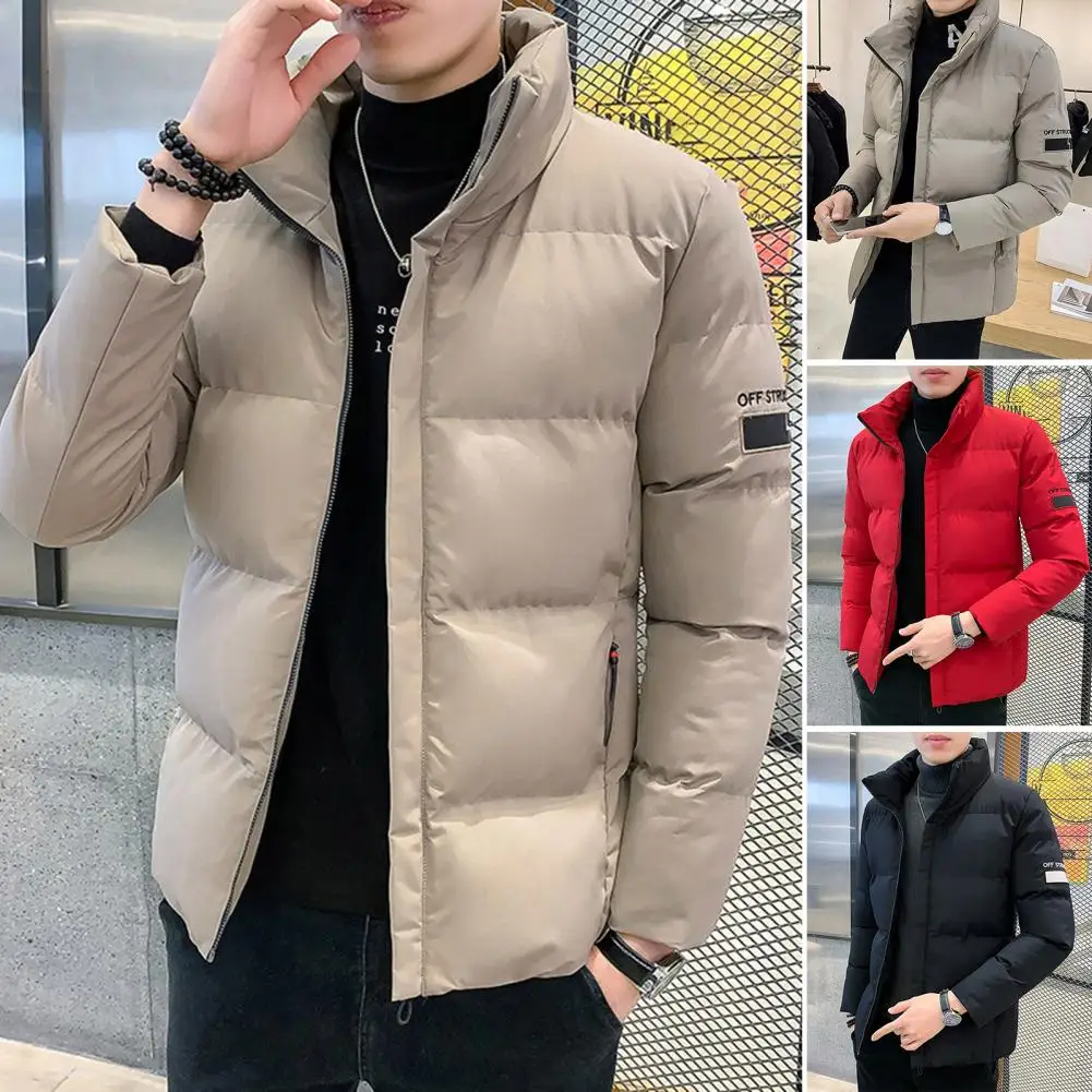 Top Trends: Men Coat Cotton Padded Solid Color Stand Collar Letter Embroidery Korean Style Coldproof Fluffy Filling Jacket Streetwear Shoppable Styles