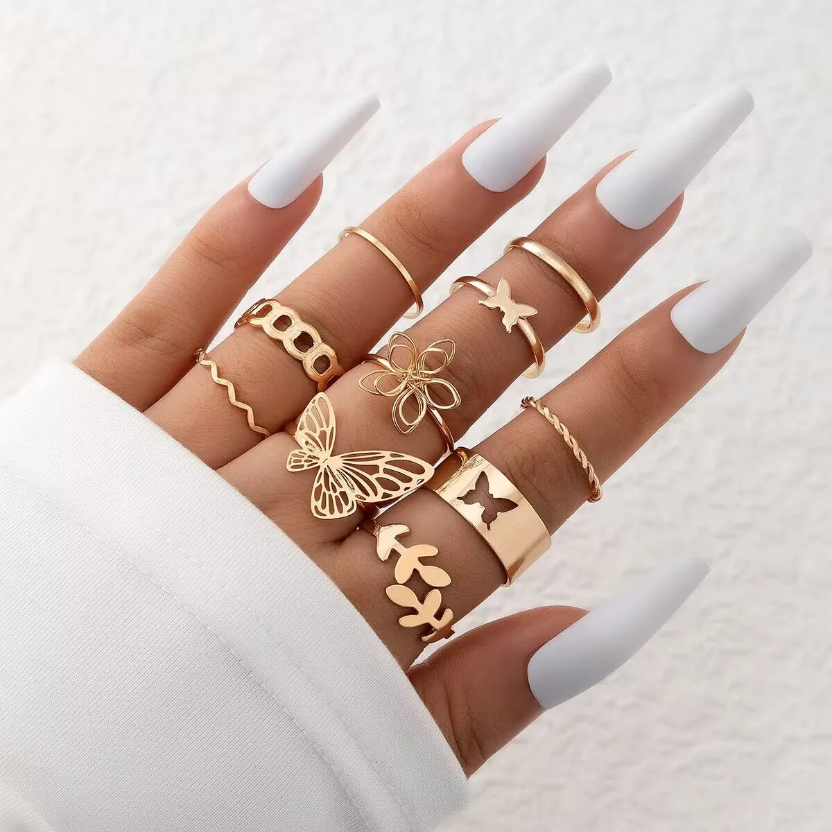 Top Trends: New Simple 10 Pcs Flower Butterfly Leaves Geometric Twisted Hollow Ring Set For Women Female Charm Party Wedding Jewelry Gift Shoppable Styles