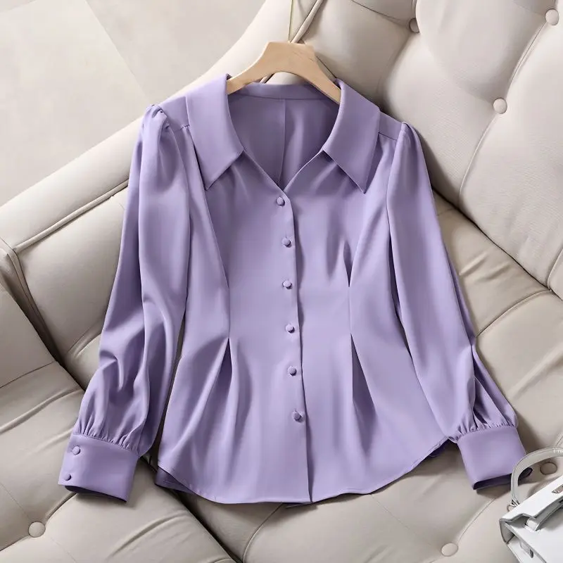 Top Trends: Elegant V-Neck Button Folds Puff Sleeve Chiffon Shirt Female Clothing 2023 Autumn New Oversized Casual Tops Office Lady Blouse Shoppable Styles