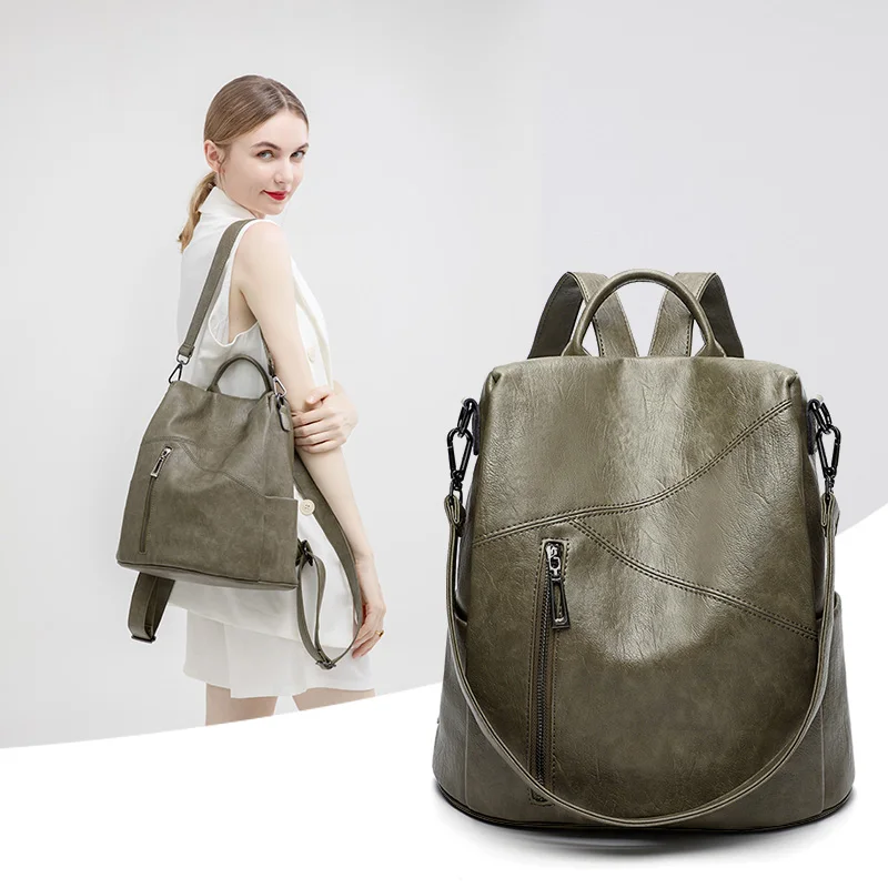 Top Trends: Green Backpack Women Urban Bags Vintage Leather Backpacks Waterproof Large Pocket Backbag Business Female Travel Bag Anti-theft Shoppable Styles