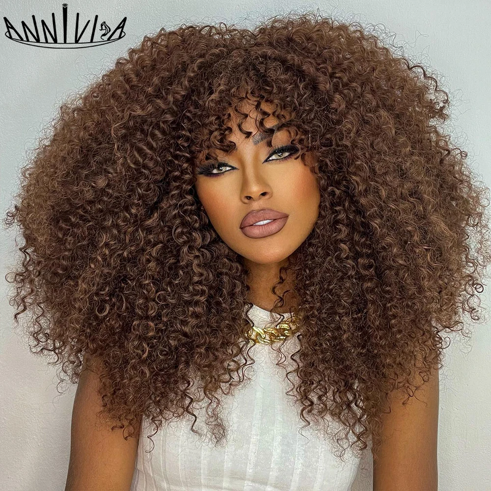 Top Trends: Curly Afro Wigs For Black Women Short Kinky Curly Wigs With Bangs 16inch Brown Afro Hair Synthetic Fibre Glueless Cosplay Hair Shoppable Styles