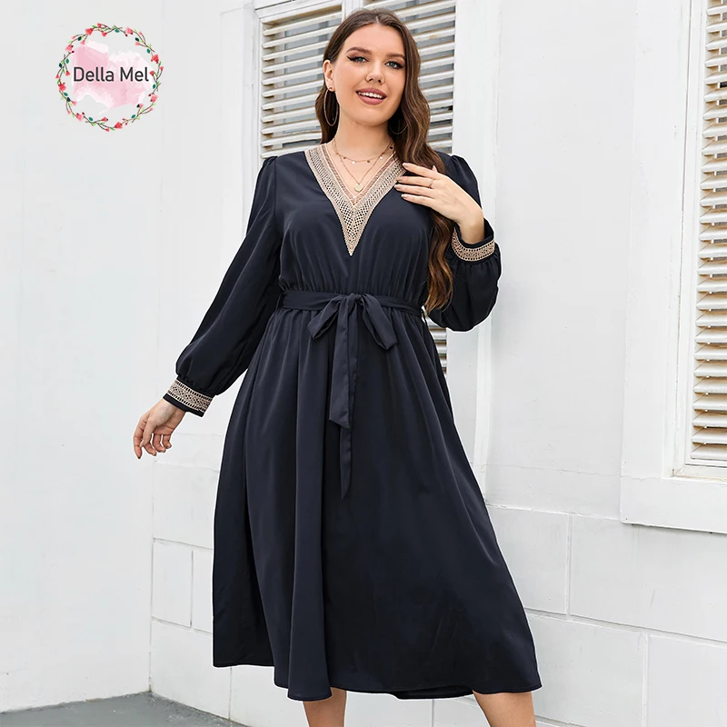 Top Trends: Della Mel Plus Size Women Clothing Long Sleeve Dress Urban Office V Neck Elegant Female Evening A-line Casual Party Long Dresses Shoppable Styles