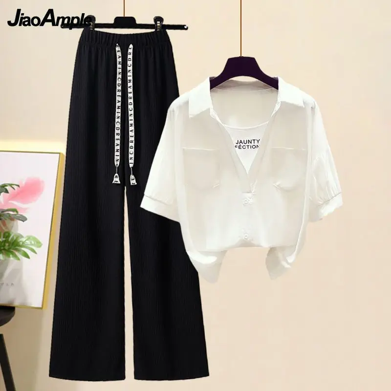 Top Trends: Women&#039;s Summer New Casual Matching Set 2024 Korean Chic Loose Fake Two Piece Short Sleeve Shirt+ Wide Leg Pants Two Piece Suit Shoppable Styles