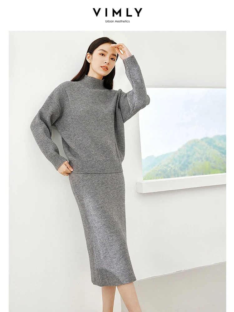 Top Trends: Vimly Women Knitted Two Piece Sets Half Turtleneck Long Sleeve Sweater Split Midi Skirts 2023 Winter Grey Matching Sets 72573 Shoppable Styles