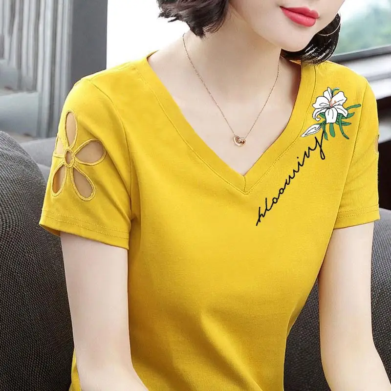 Top Trends: Fashion Printed Embroidery Hollow Out Blouse Women's Clothing 2023 Spring New Oversized Casual Pullovers Short Sleeve Shirt Shoppable Styles