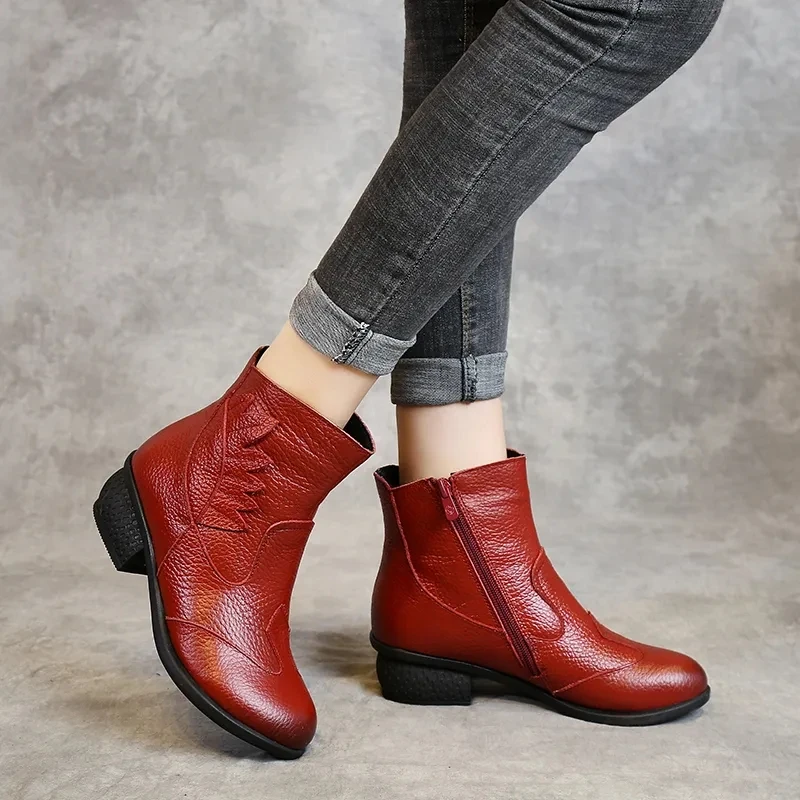 Top Trends: Genuine Leather Boots Woman Winter 2022 Round Toe Ankle Boot Female Low Heel Shoe Woman Short Booties Black Red Shoppable Styles