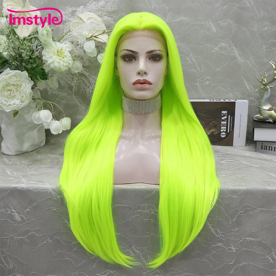 Top Trends: Imstyle Fluorescent Green Wig Long Synthetic Lace Front Wig Straight T Part Lace Wig Heat Resistant Fiber Party Wigs For Women Shoppable Styles