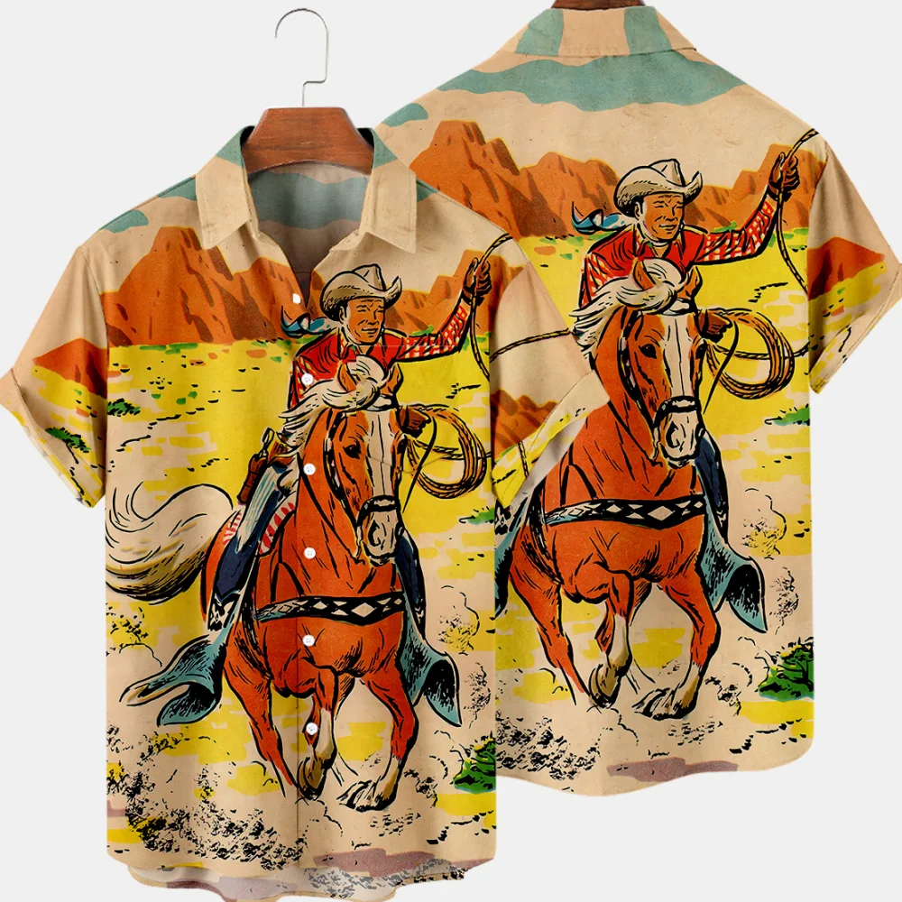 Top Trends: Hawaiian Cowboy Men's Shirt Cool 3D Digital Print Plus Size Western America Men's Top With Pocket Vintage Style Summer Outerwear Shoppable Styles