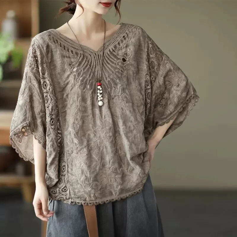 Top Trends: Summer Women&#039;s Cotton Hollowed Out Lace Embroidery V-neck Half Sleeved T-shirt Loose Oversized Sun Protection Overlay Tops Shoppable Styles