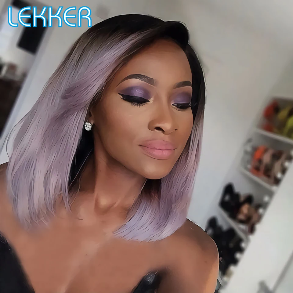 Top Trends: Lekker Colored Straight Bob 13x1 T Lace Human Hair Wig For Women Brazilian Remy Hair Ombre Purple Side Part Transparent Lace Wig Shoppable Styles