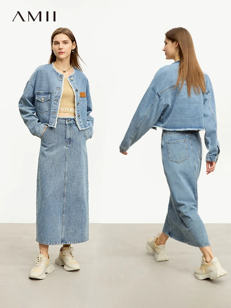 Top Trends: AMII Minimalist Denim New Dress Sets For Women 2023 Autumn Crew Neck Loose Coat Straight Skirt Commuter Two-piece Set 12343096 Shoppable Styles