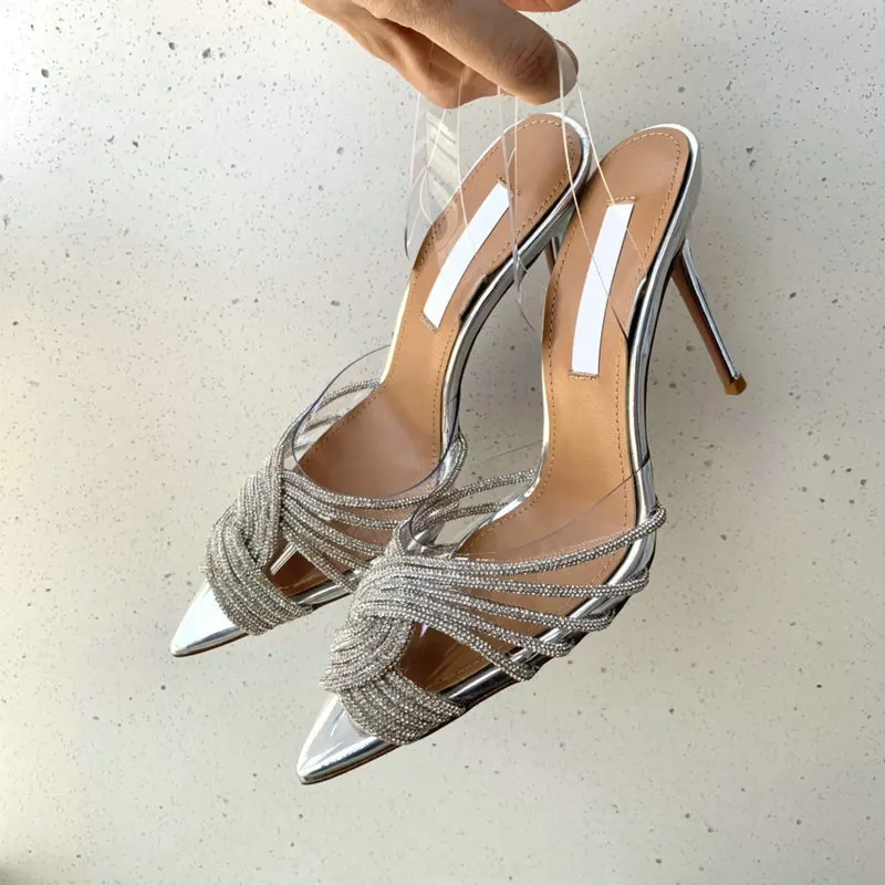 Top Trends: 2022 Summer New High-heeled Sandals For Women Pointed-Toe Film Rhinestone Stiletto Heels Roman Strap Wedding Party Women&#039;s Shoes Shoppable Styles