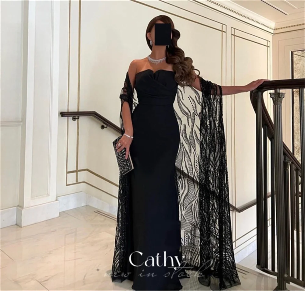 Top Trends: Cathy Black Chiffon Prom Dress Sexy Strapless Evening Dress Sequins Cape Floor Lengths فستان سهرة Elegant Mermaid Party Dresses Shoppable Styles