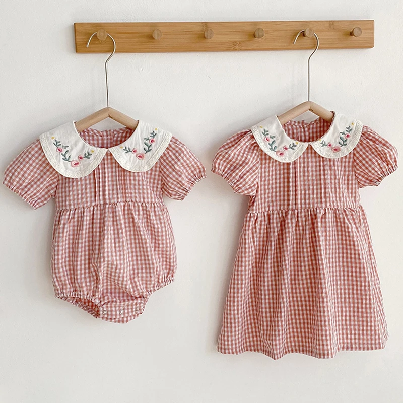 Top Trends: Toddler Baby Girls Plaid Embroidery Dresses Summer Girl Baby Romper Sister Matching Outfit Princess Dress Short Sleeve Romper Shoppable Styles