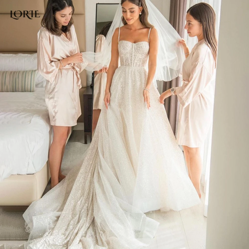 Top Trends: LORIE Glitter A-Line Wedding Dresses Spaghetti Straps Sweetheart Open The Back Boho Bridal Gowns Shiny Princess Bride Dress Shoppable Styles