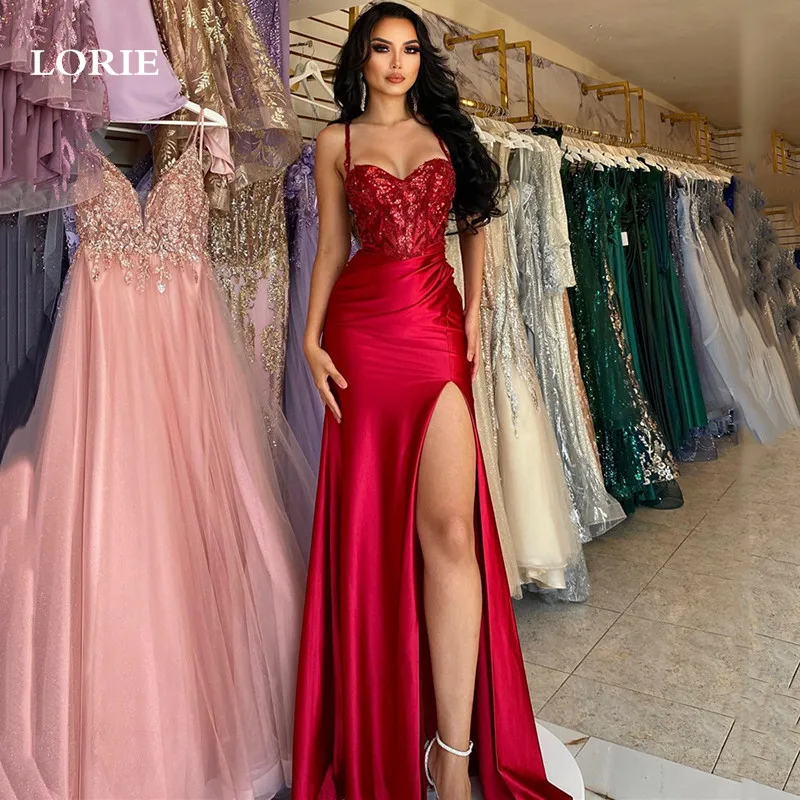 Top Trends: LORIE Red Lace Sweetheart Mermaid Formal Evening Dresses Spaghetti Straps Side Split Summer Prom Gowns Evening Party Dress Shoppable Styles