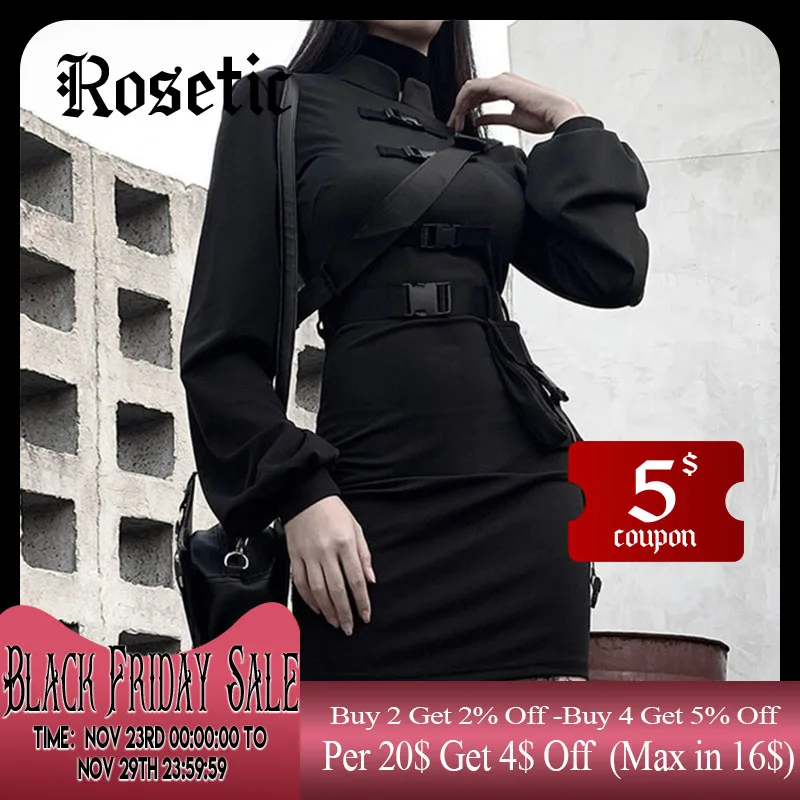 Top Trends: Rosetic Short Bandage Goth Dress Women Gothic Punk Belt Long Sleeve Streetwear Black Mini Vestidos Casual Dresses Spring 2020 Shoppable Styles