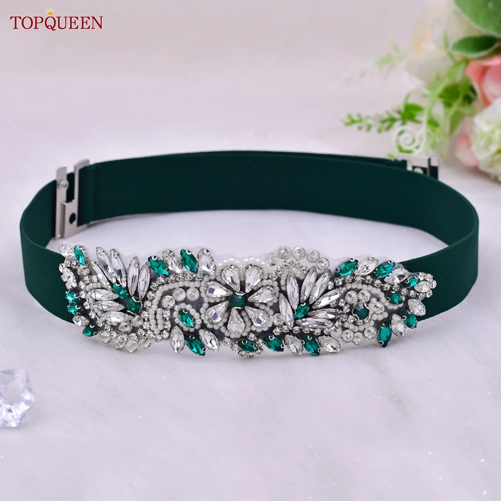 Top Trends: TOPQUEEN S22 Fashion Women Shiny Dark Green Elastic Belt Rhinestone Girdle Dress Stretch Sash Bridal Wedding Accessory Waistband Shoppable Styles